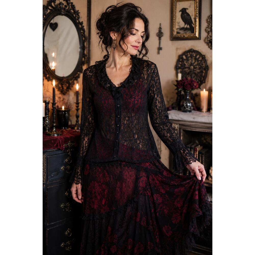 Y2K Black Lace Sheer Ruffle Bell Sleeve Goth Whimsigoth Fairy Grunge Top Medium